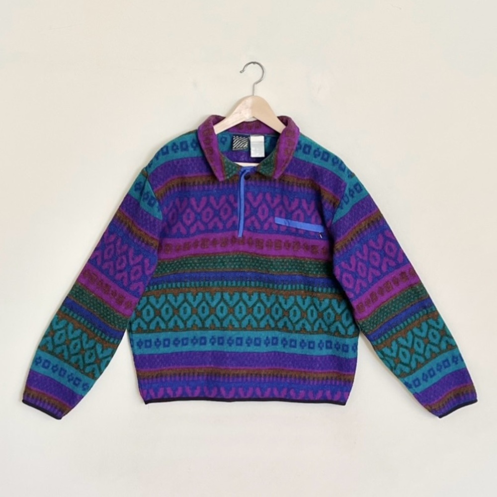 Vintage 80s 90s Sunbuster Geometric Multicolor Fleece Pullover Jacket Women’s L